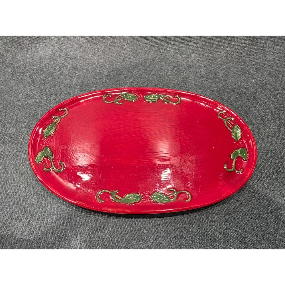 Red Ceramic Christmas Holly Leaf Oval Serving Platter Holiday Dish 12.5 Inch